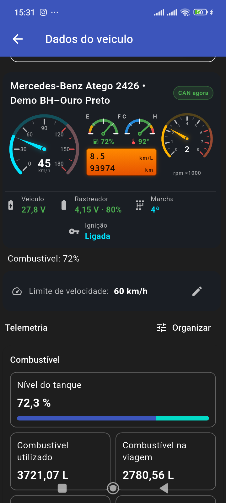 Instrumentos e leituras reais do aplicativo, com dados de demonstração.