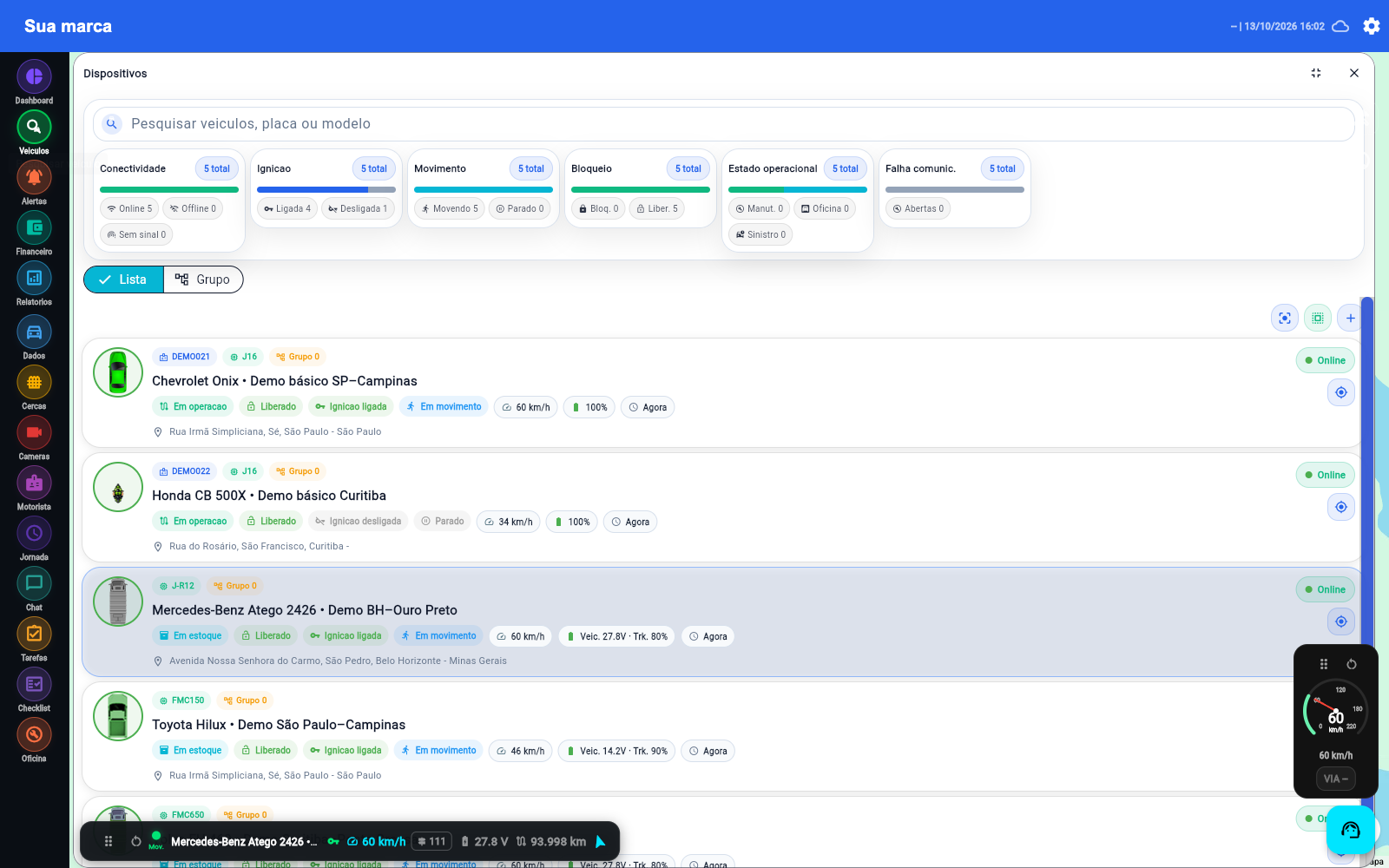 Consulta da frota no web com filtros de conexão, ignição, movimento e veículos de diferentes categorias